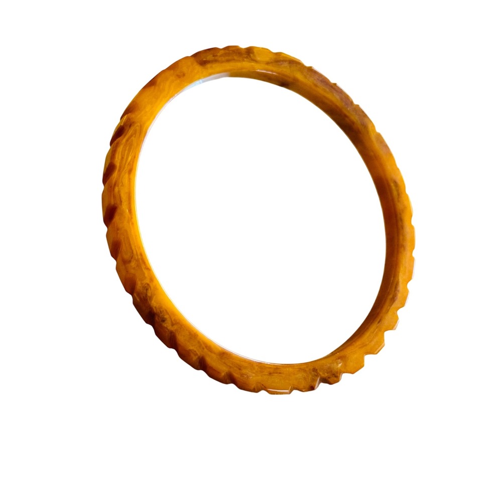 VTG Rope Carved Yellow‎ Butterscotch Bakelite Bangle Bracelet Tested Marbleized